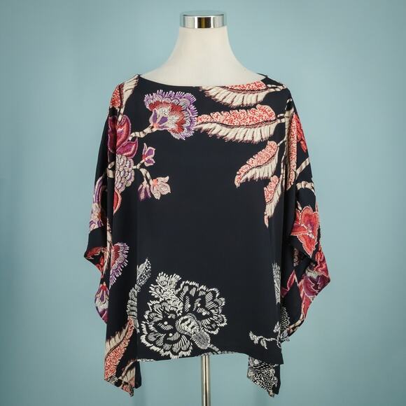 Chico's 3 Size XL Black Floral Print Short Sleeve Ruffle Boat Asymmetrical Top - Picture 1 of 5